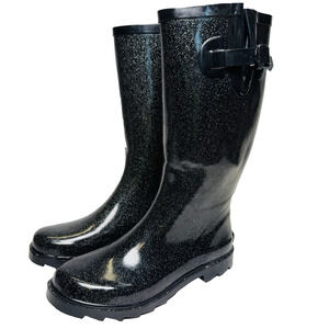 Corky's Rain Boots Womens Size 10 Black Sparkle Knee High Pull On Round Toe NEW